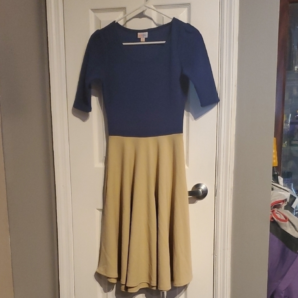 LuLaRoe Navy and Beige Midi Dress